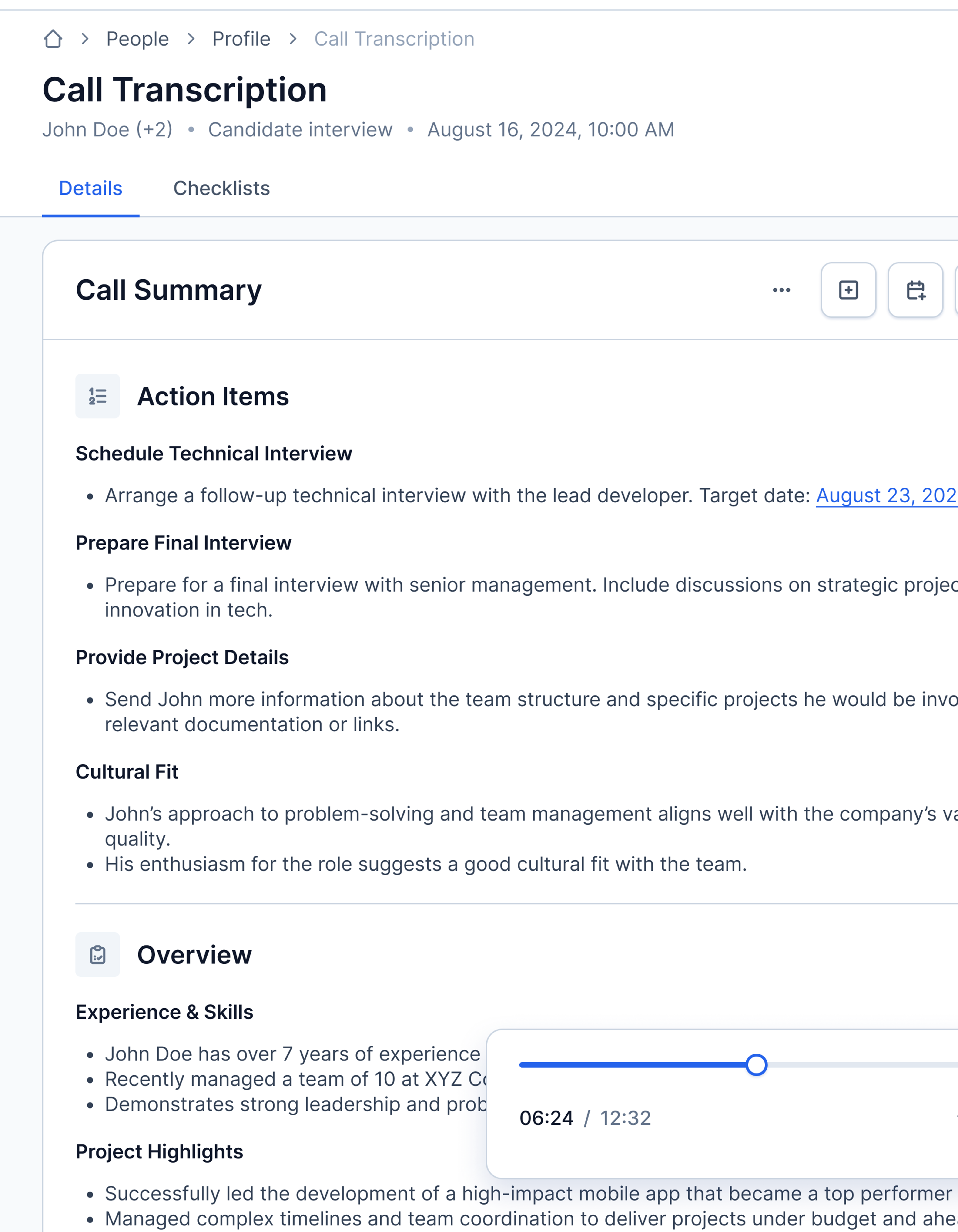 Post-Call Transcripts & Summaries product view in Imagine AI