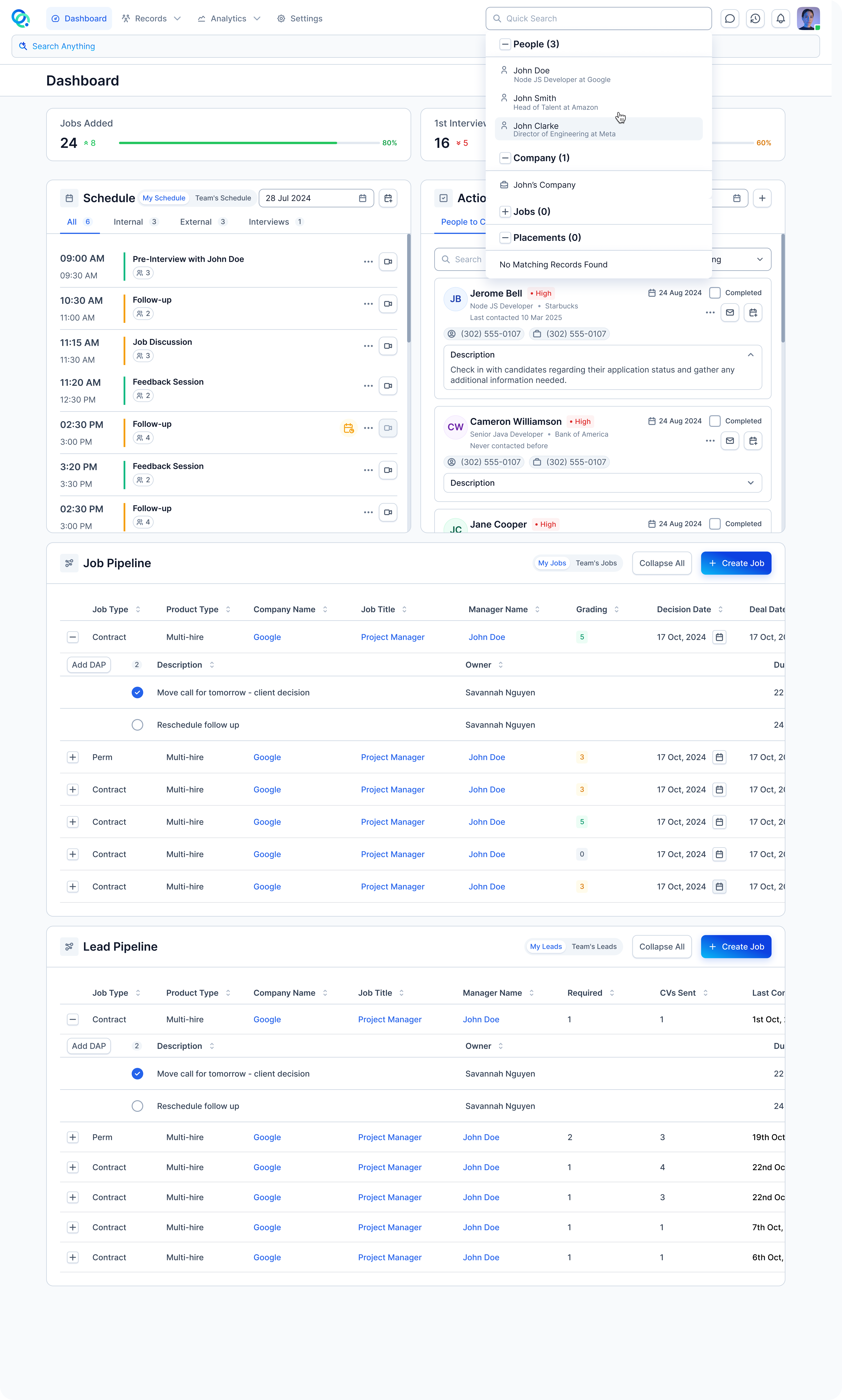 Imagine AI dashboard showing recruitment actions, candidate tasks, pipeline activity, and CRM navigation.