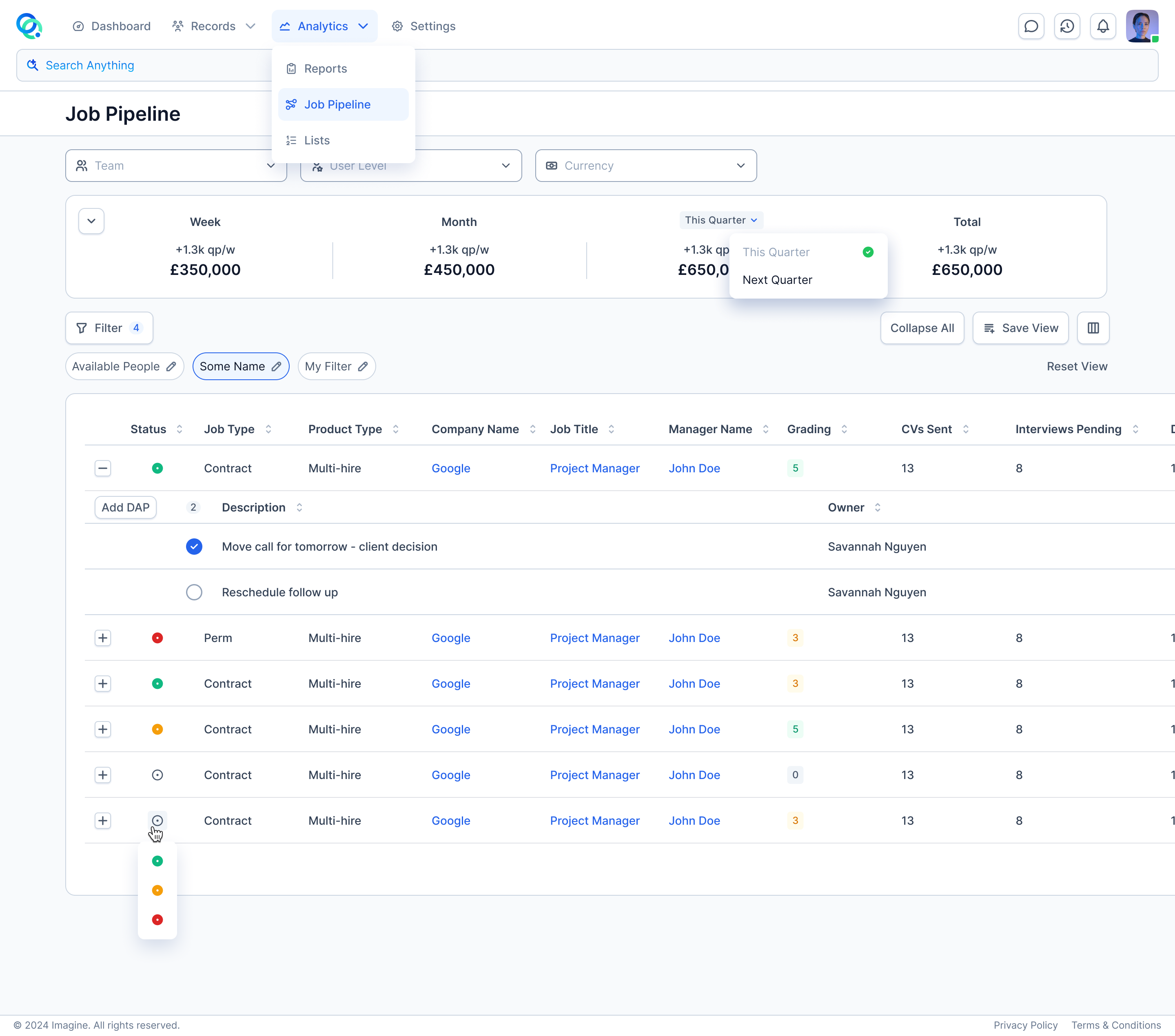 Live Reporting & Pipeline Visibility product view in Imagine AI