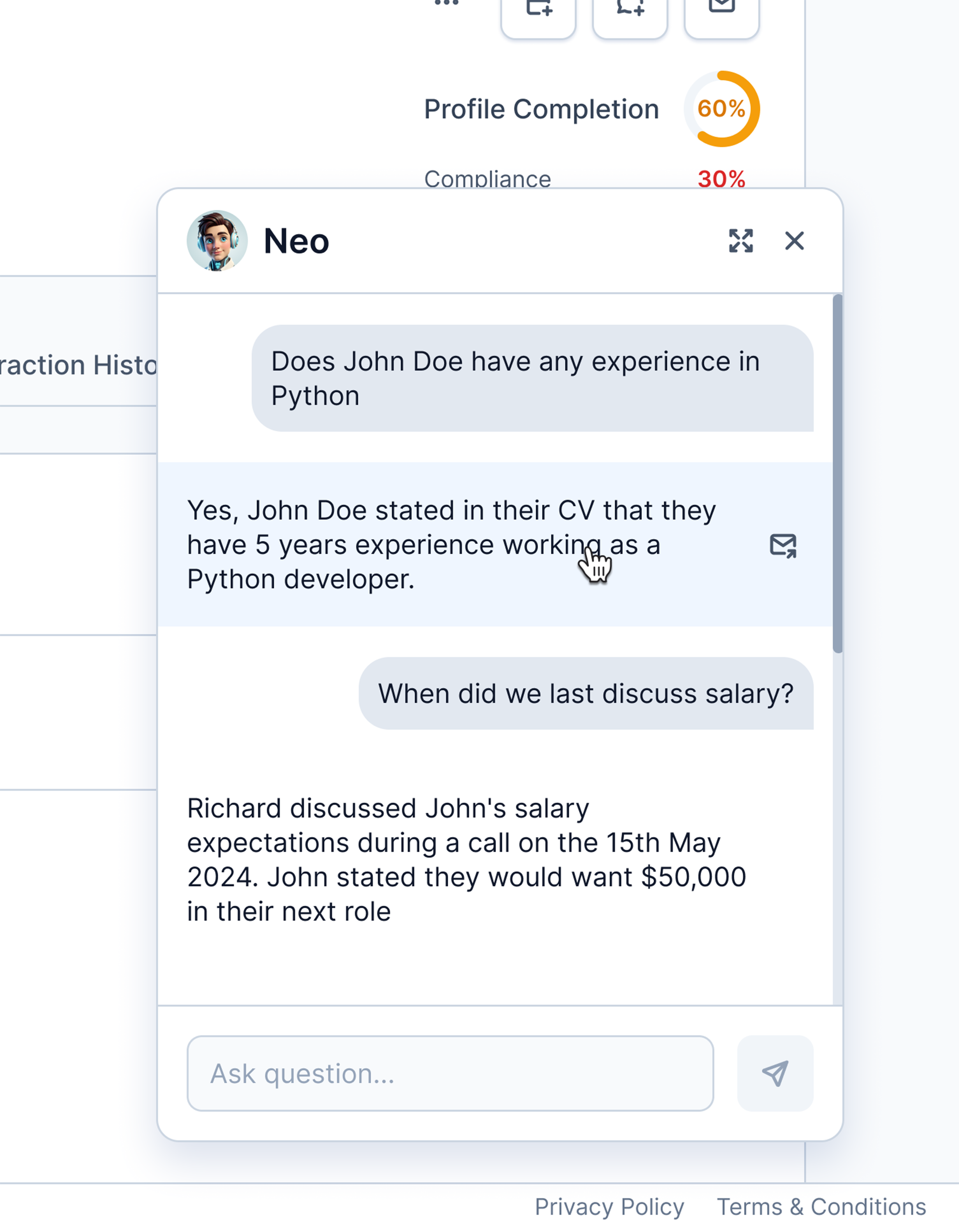 Neo - AI Profile & Job Intelligence product view in Imagine AI