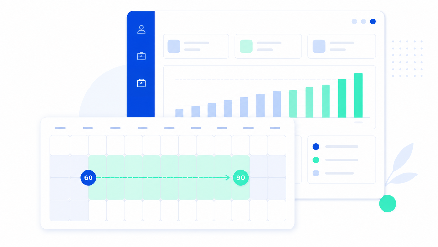 Illustration showing a recruitment CRM review moving from 60 to 90 days.
