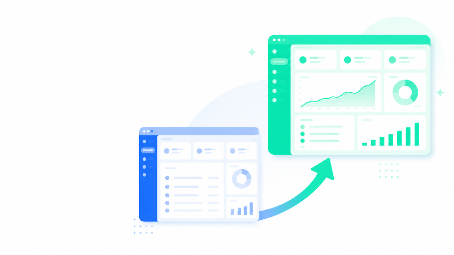 Recruitment CRM upgrade illustration showing data moving from an older blue dashboard to a newer green dashboard.