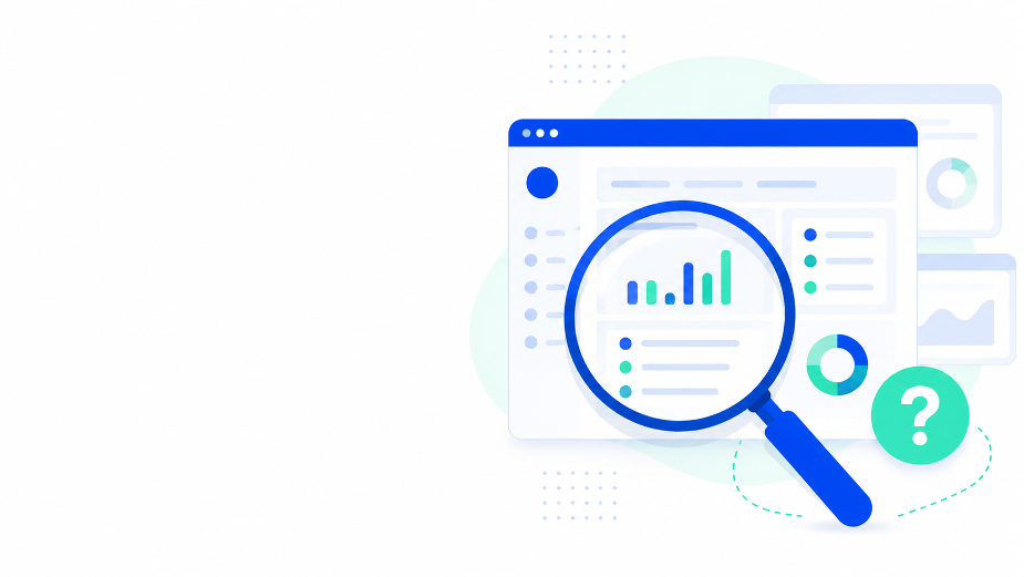 Recruitment CRM review illustration showing a dashboard under a magnifying glass with a question mark.